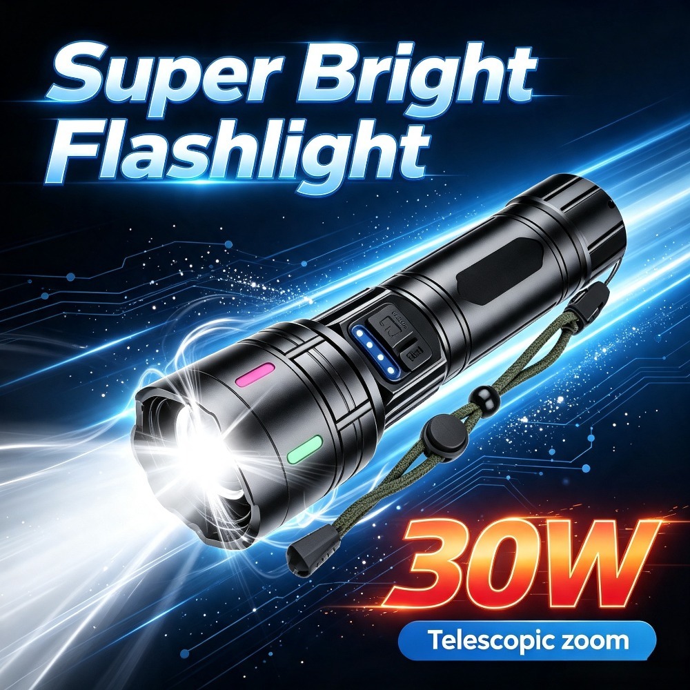 Outdoor Use Power Strip - Superhelle weiße LED-Taschenlampe mit Teleskop-Zoom, wasserdicht,
